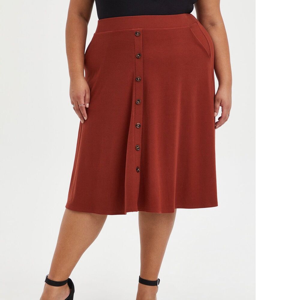 Torrid Midi Rib Button-Front Skirt Size 0 (L/12) Brandy Brown Pockets Stretch